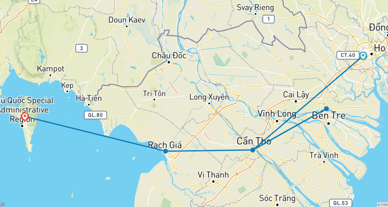Mapa do percurso de Visite as Luzes da Cidade do Vietnã, Noites no Mekong e Vibrações de Ilha