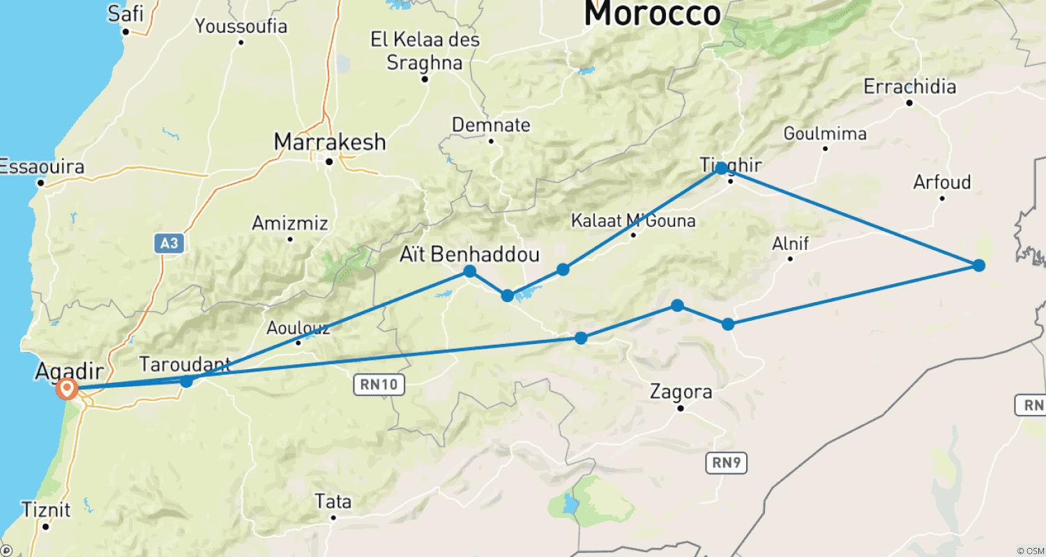 Mapa do percurso de Oásis e Dunas: Explore o Sul de Marrocos em 5 Dias