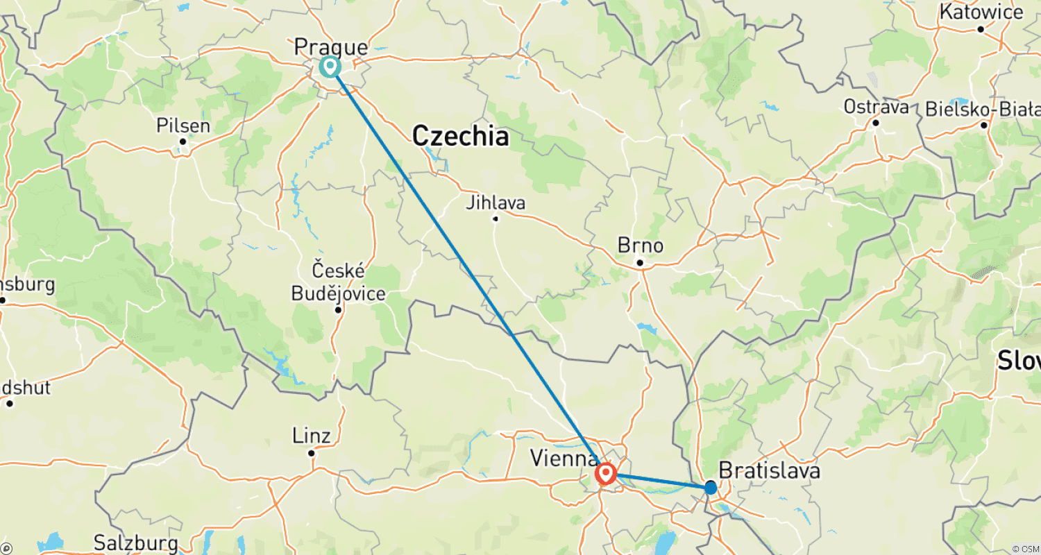 Mapa trasy: Praga i Wiedeń w tydzień z Bratysławą
