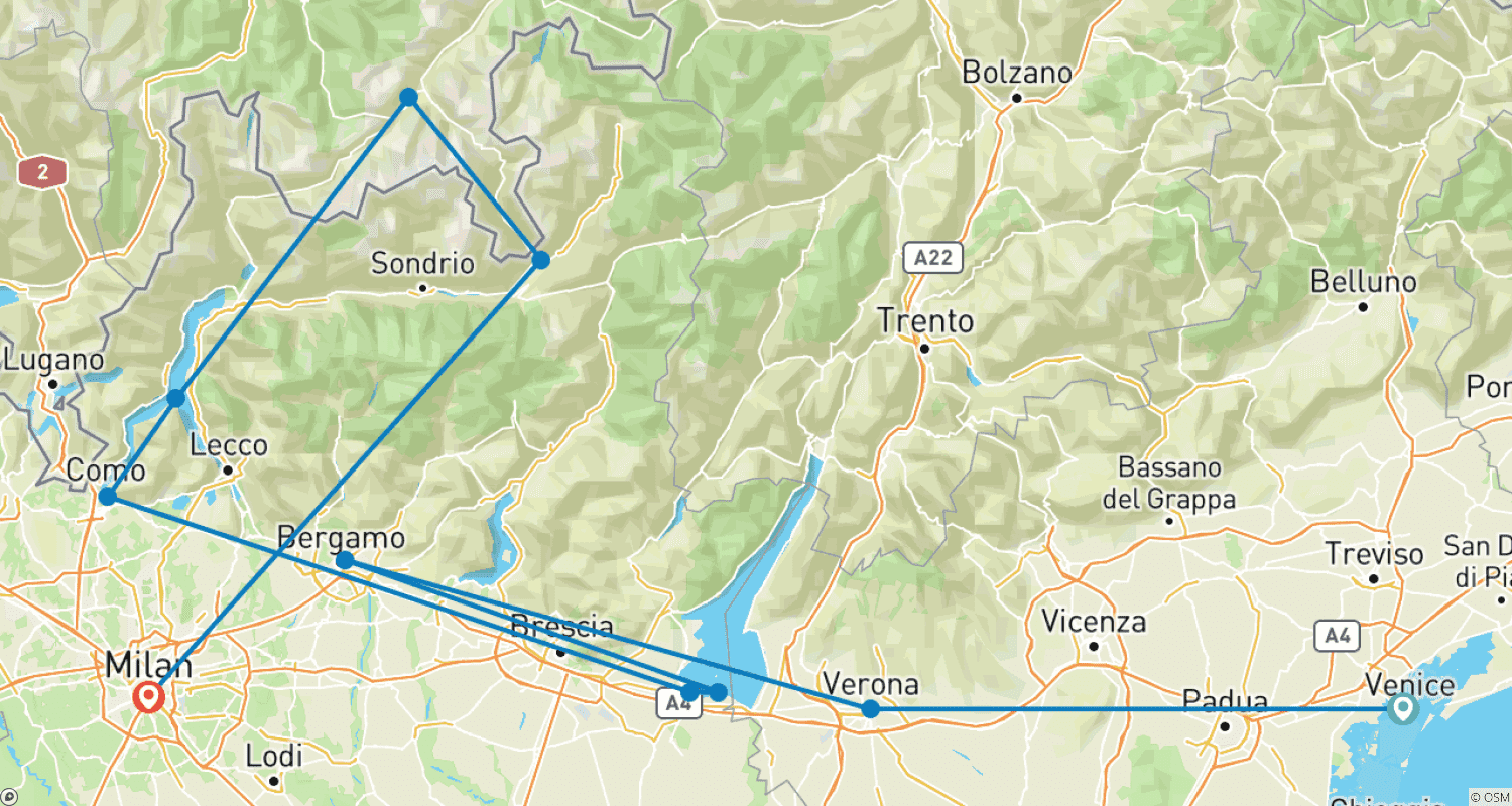 North Italian Lakes, Venice & Milan with Bernina Express – 8 Days / 7 Nightsのルートマップ