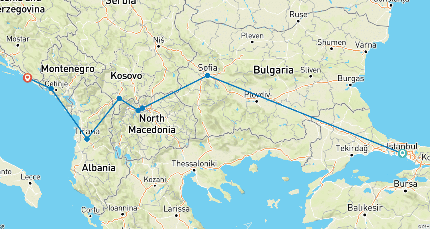 Mapa trasy: Ze Stambułu do Dubrownika Z PRZELOTEM Wycieczka po stolicach i kulturze Bałkanów - Wycieczka w małej grupie