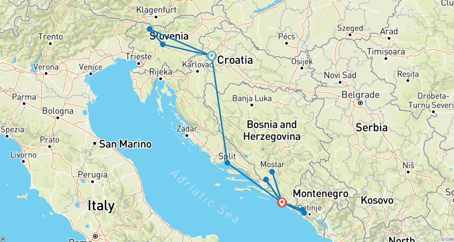 Mapa do percurso de Slovenia - Croatia - Bosnia & Montenegro  Small Group Tour
