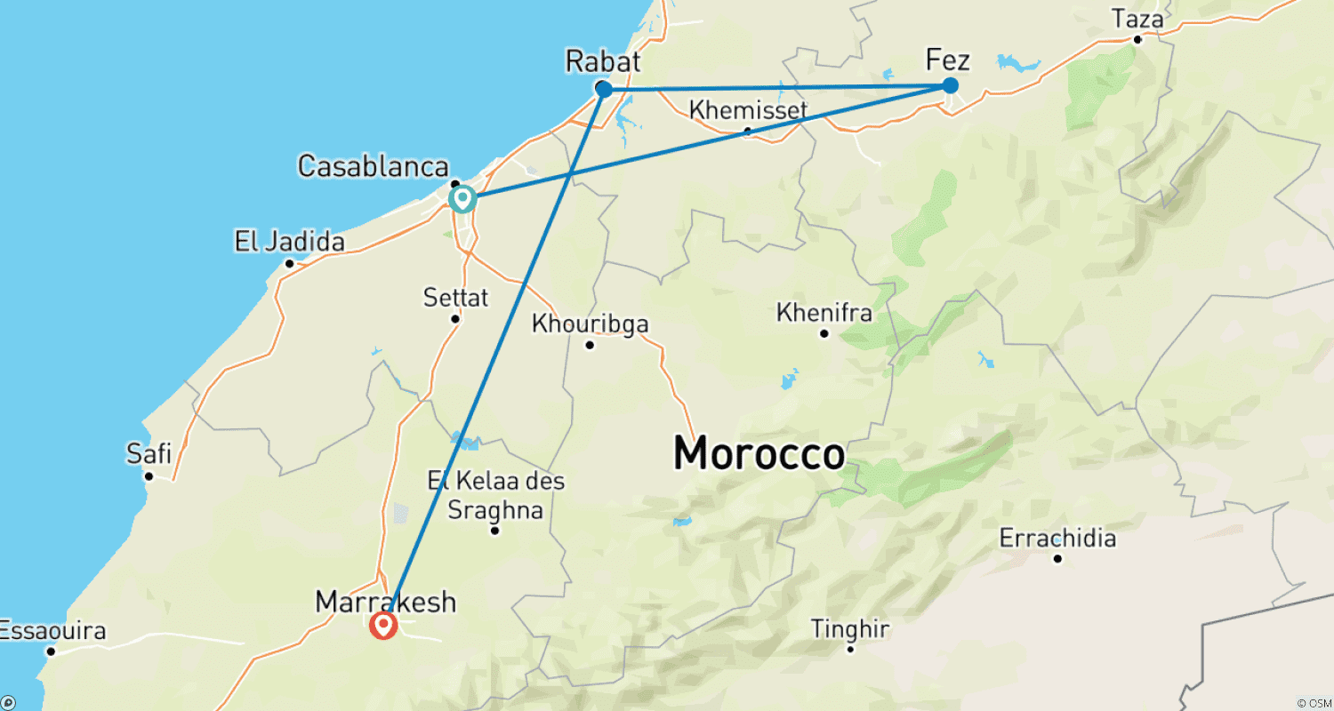 Mapa do percurso de Cidades Marroquinas: Casablanca, Fez, Rabat e Marraquexe