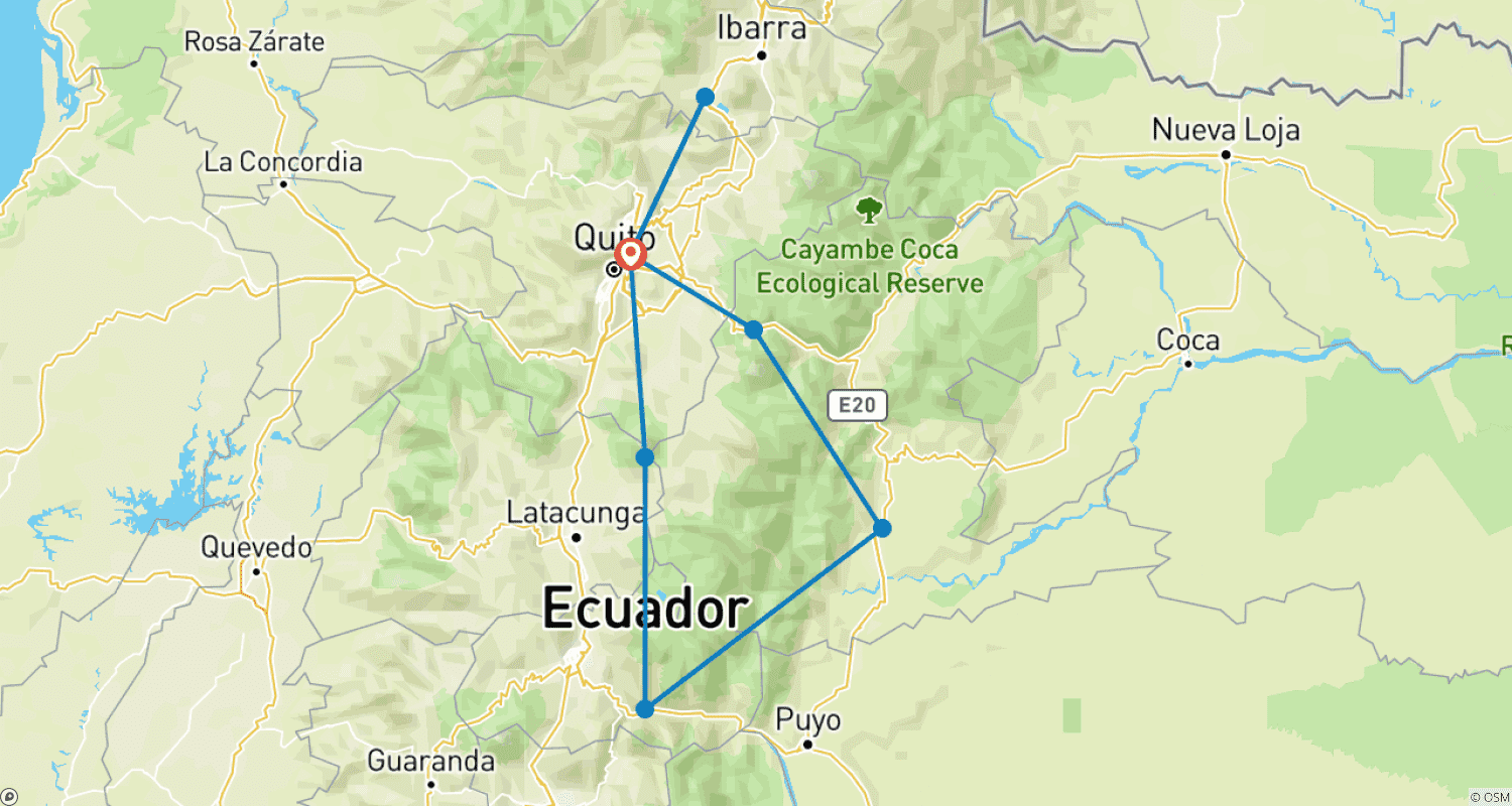 Mapa trasy: 10-dniowa Rodzinna Przygoda w Ekwadorze: Andyjskie Wyżyny, Baños i podnóża lasu deszczowego Amazonii