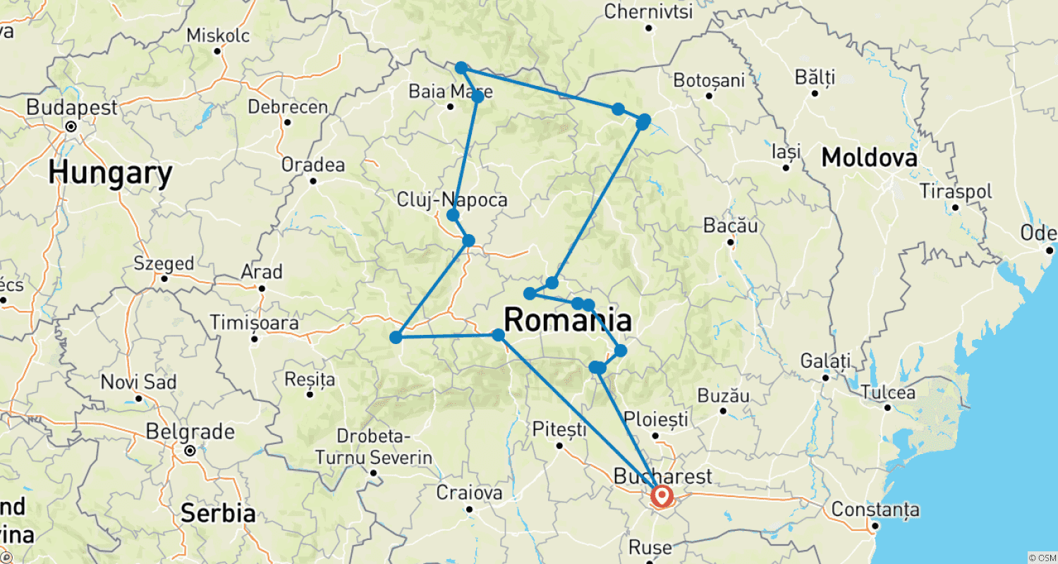خريطة مسار Romania Grand Journey – Transylvania, Maramureș & Bucovina (12 Days)