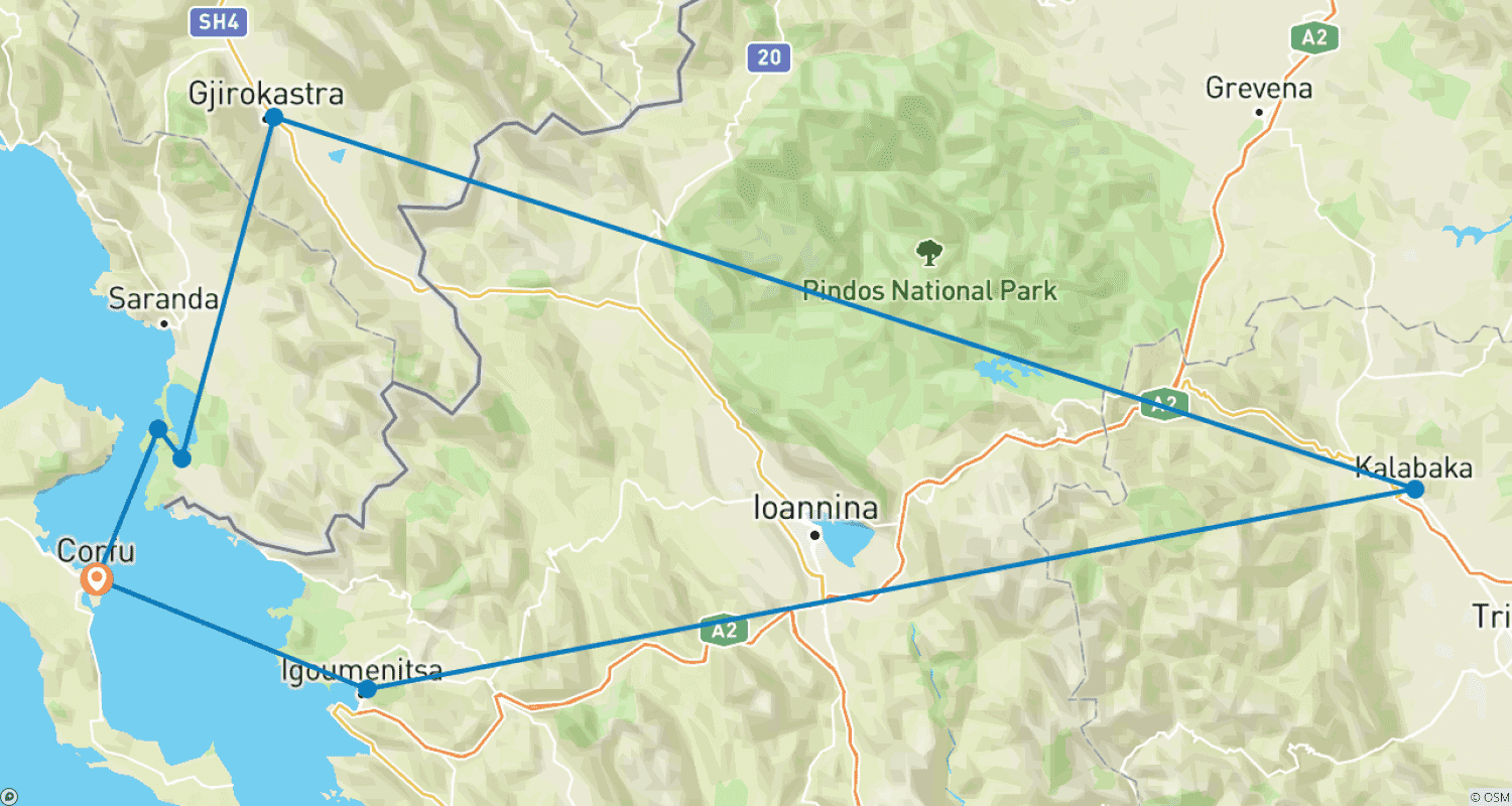Mapa do percurso de Meteora (Grécia) e Albânia; Tour Semi-Privado com Líder de Tour Dedicado e Carro