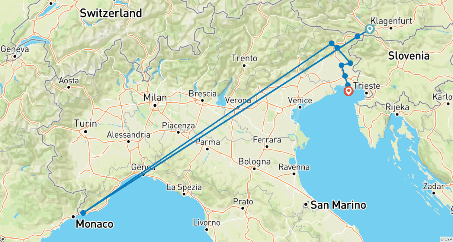 Mapa do percurso de Alpe-Adria Cycle Path Villach - Grado - 6 days