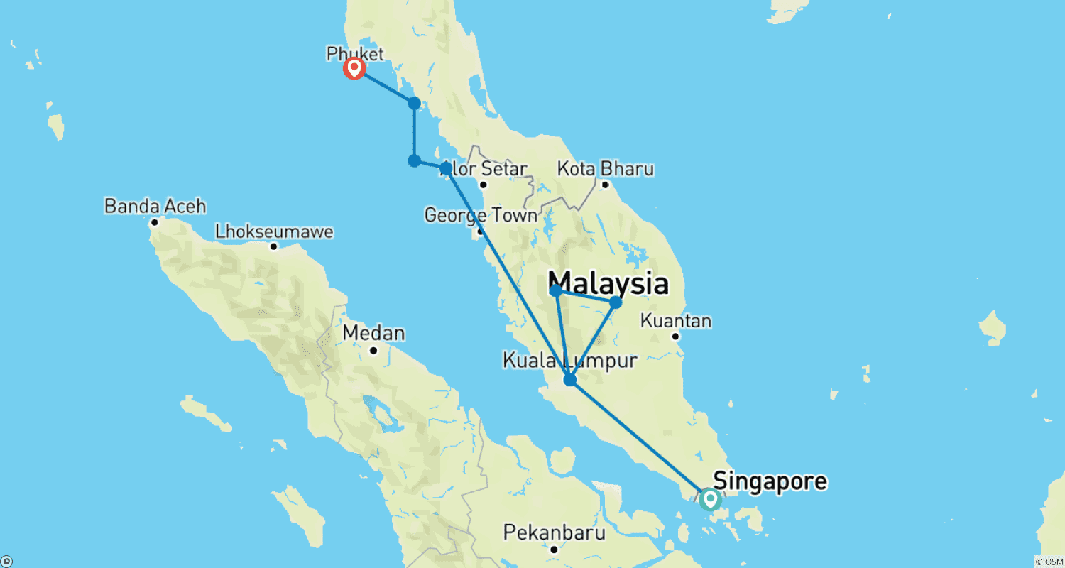Mapa do percurso de Malásia, Tailândia e Singapura: De ilha em ilha para uma experiência urbana