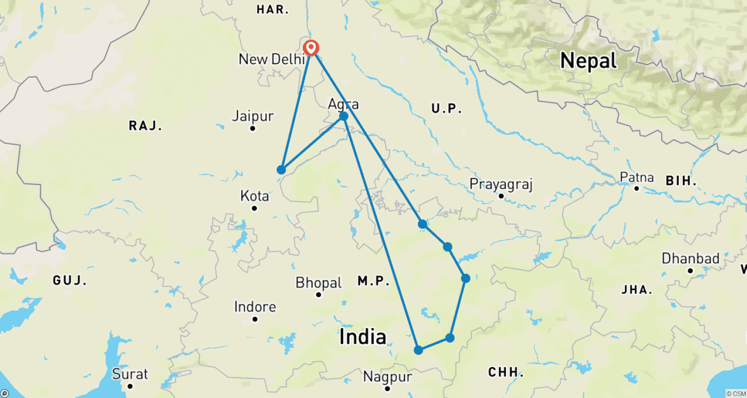 Mapa trasy: Wycieczka pociągiem: Świątynie, Tygrysy i Taj Mahal
