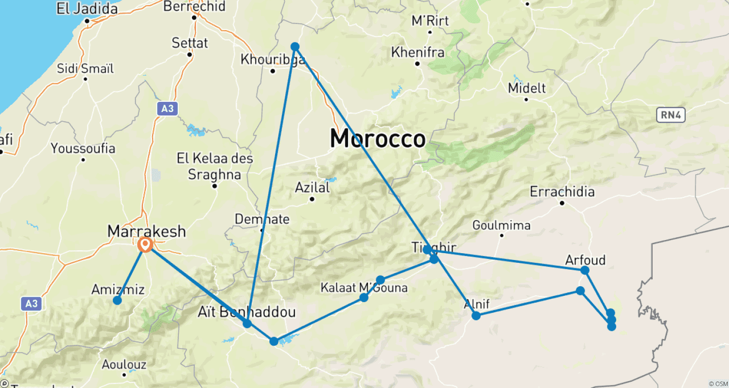 Mapa trasy: Marrakesz, Wielka Pustynna Wycieczka i Wędrówki po Górach Atlas