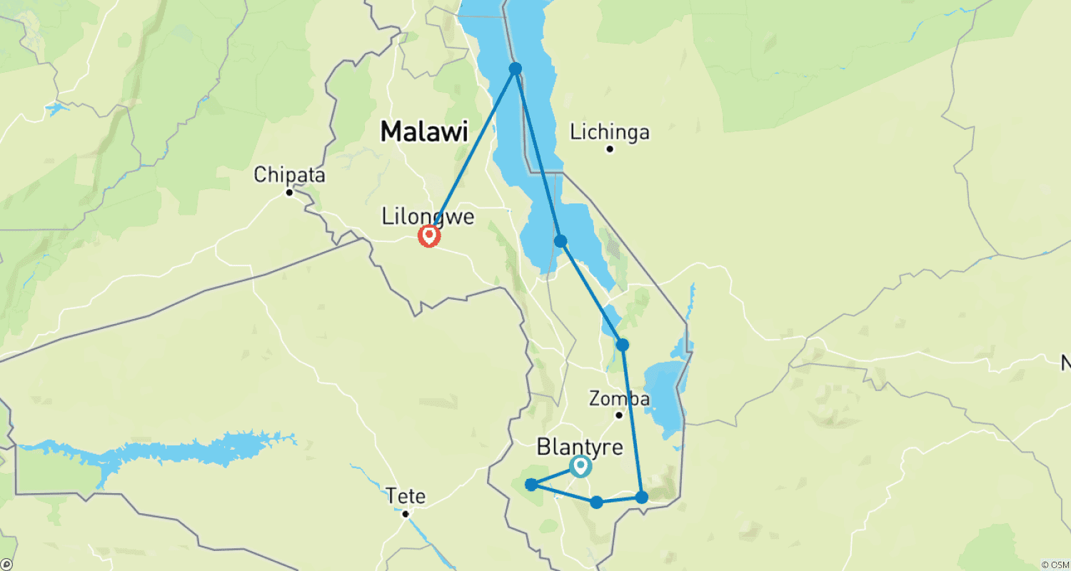 Mapa trasy: Safari na rzecz ochrony przyrody i Jezioro Malawi