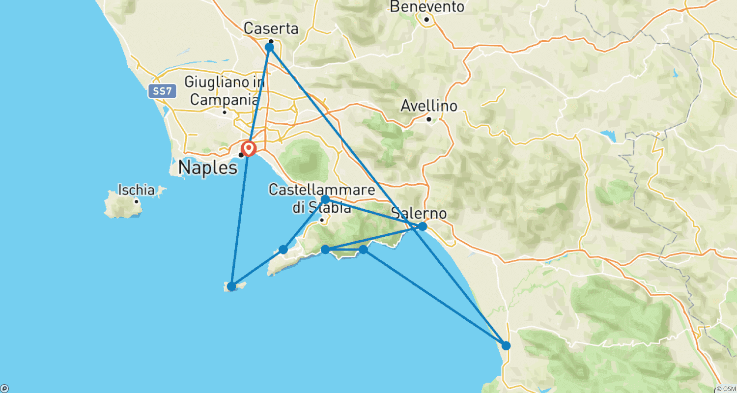 Mapa do percurso de Delícias da Campânia: Pompeia e a Costa Amalfitana