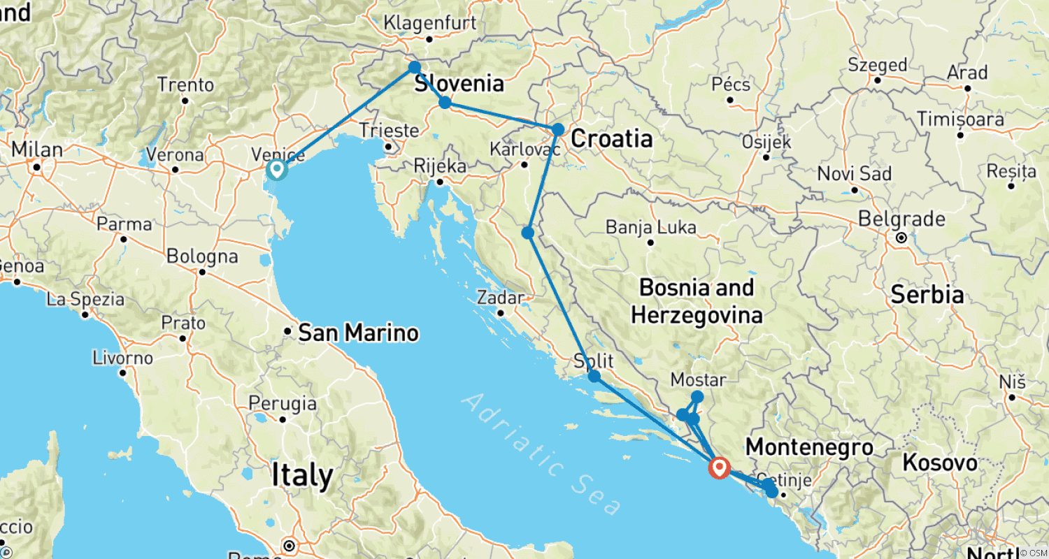 Mapa do percurso de Excursão em Grupo Pequeno Itália-Eslovênia (Bled)-Croácia