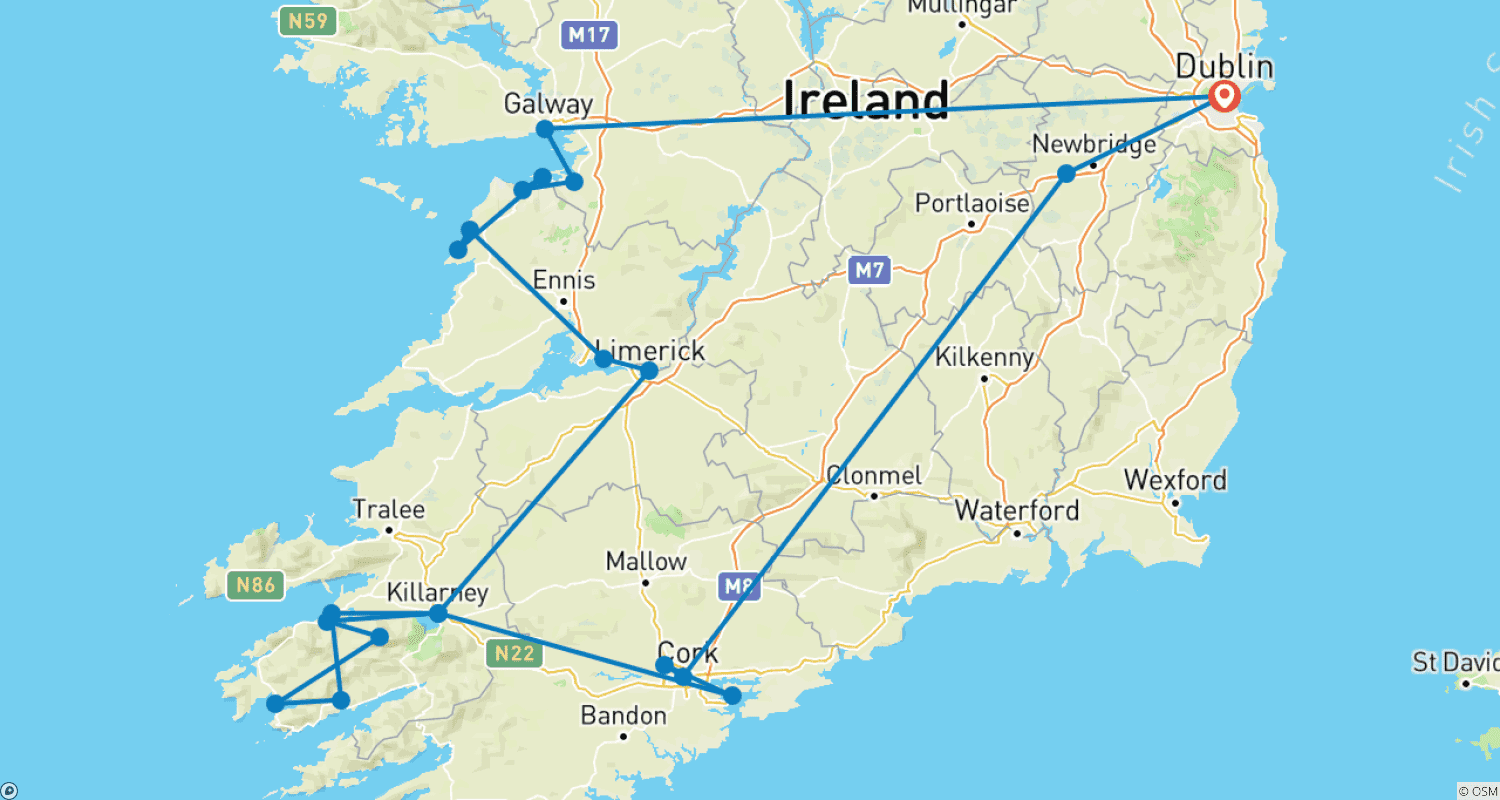 Mapa do percurso de Blarney Castle, Ring of Kerry e Falésias de Moher