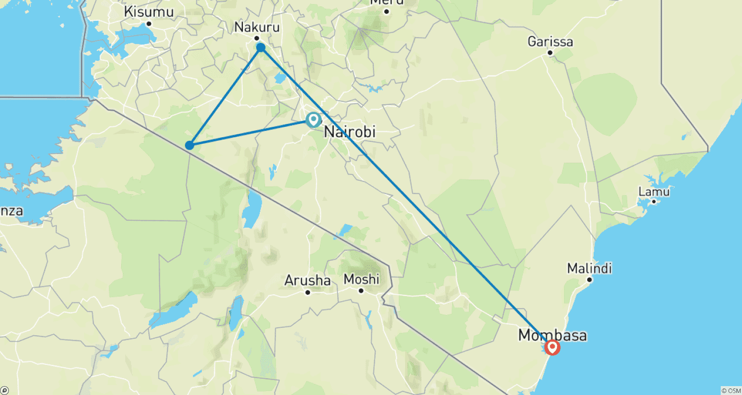 Mapa do percurso de Aventura de Safari de 10 Dias no Quênia e Férias Relaxantes na Praia de Mombasa