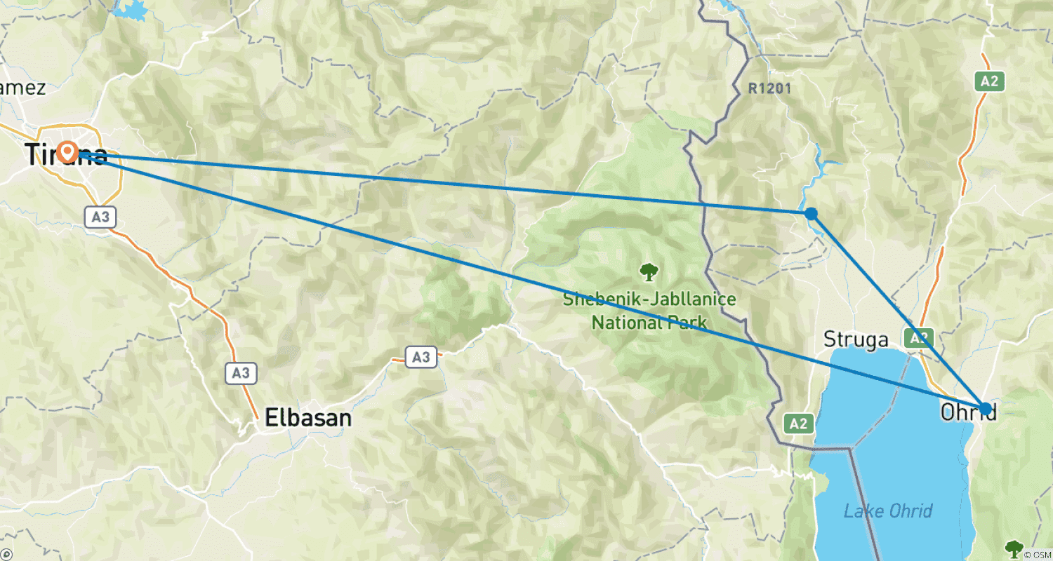 Mapa trasy: Półprywatna wycieczka po Macedonii Północnej: Ohrid i Struga z Tirany