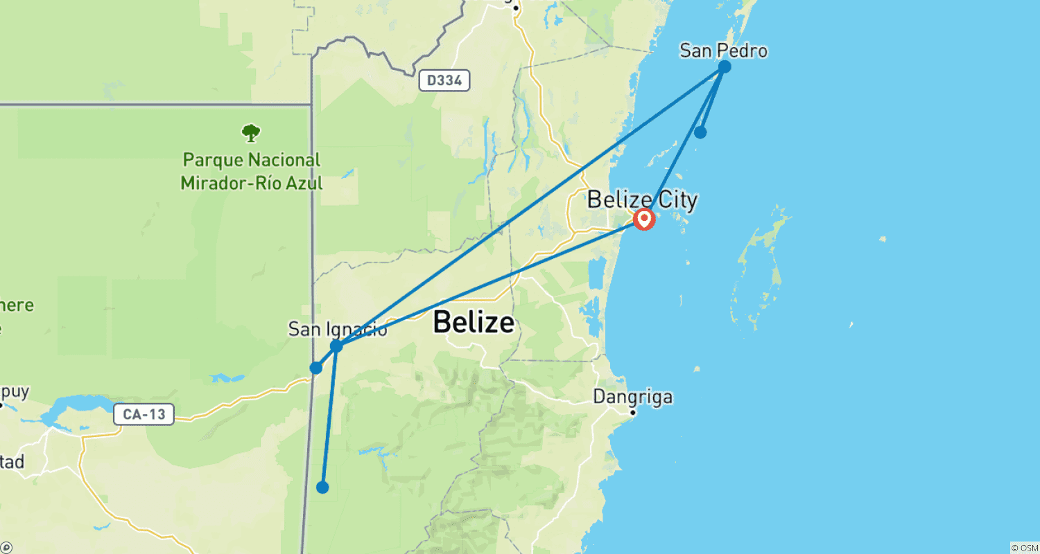 Mapa do percurso de Belize Highlights Adventure  10 Days /9Nights