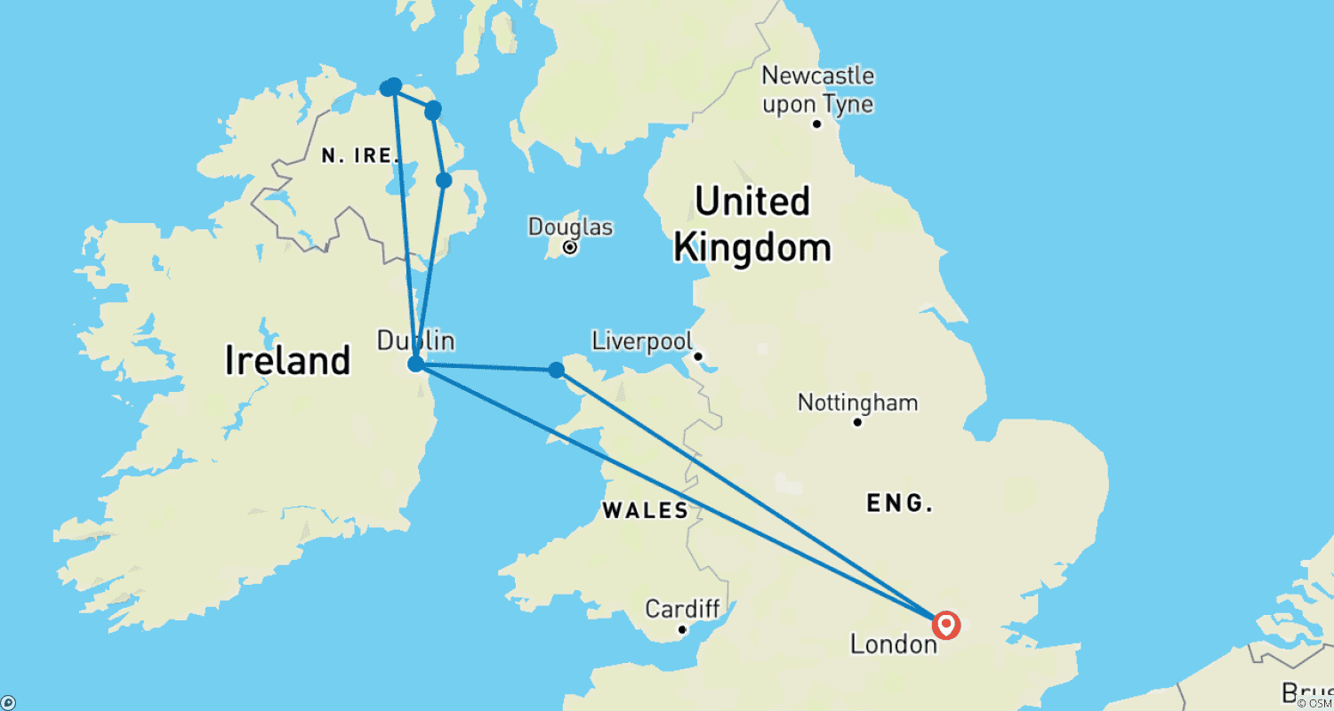 Mapa trasy: London - Dublin & Giants Causeway