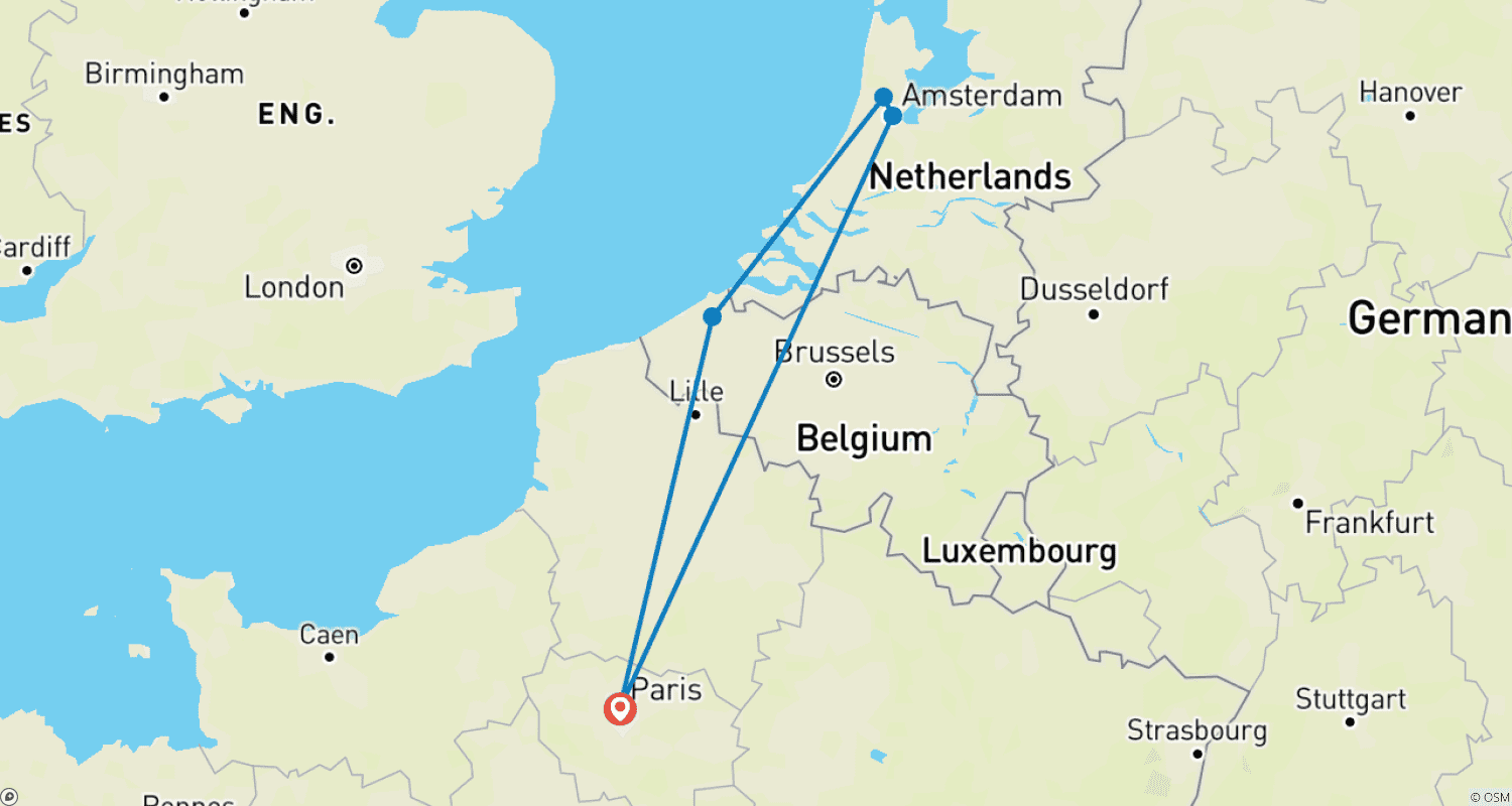 خريطة مسار أفضل ما في أوروبا الغربية — من باريس إلى باريس مع زيارة Brugge وAmsterdam في الطريق