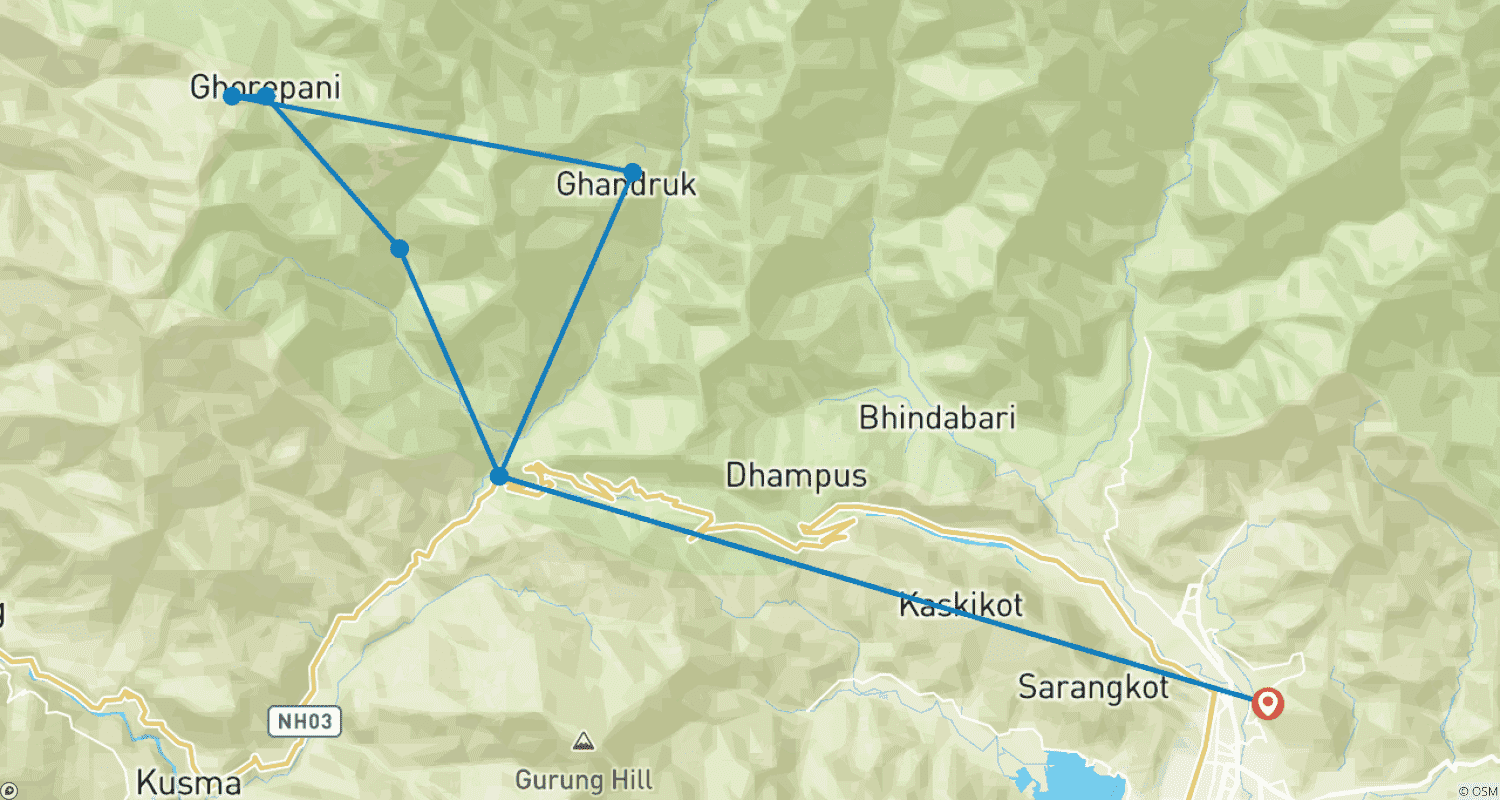 Ghorepani Poonhill Trek from Pokhara - 4 Daysのルートマップ