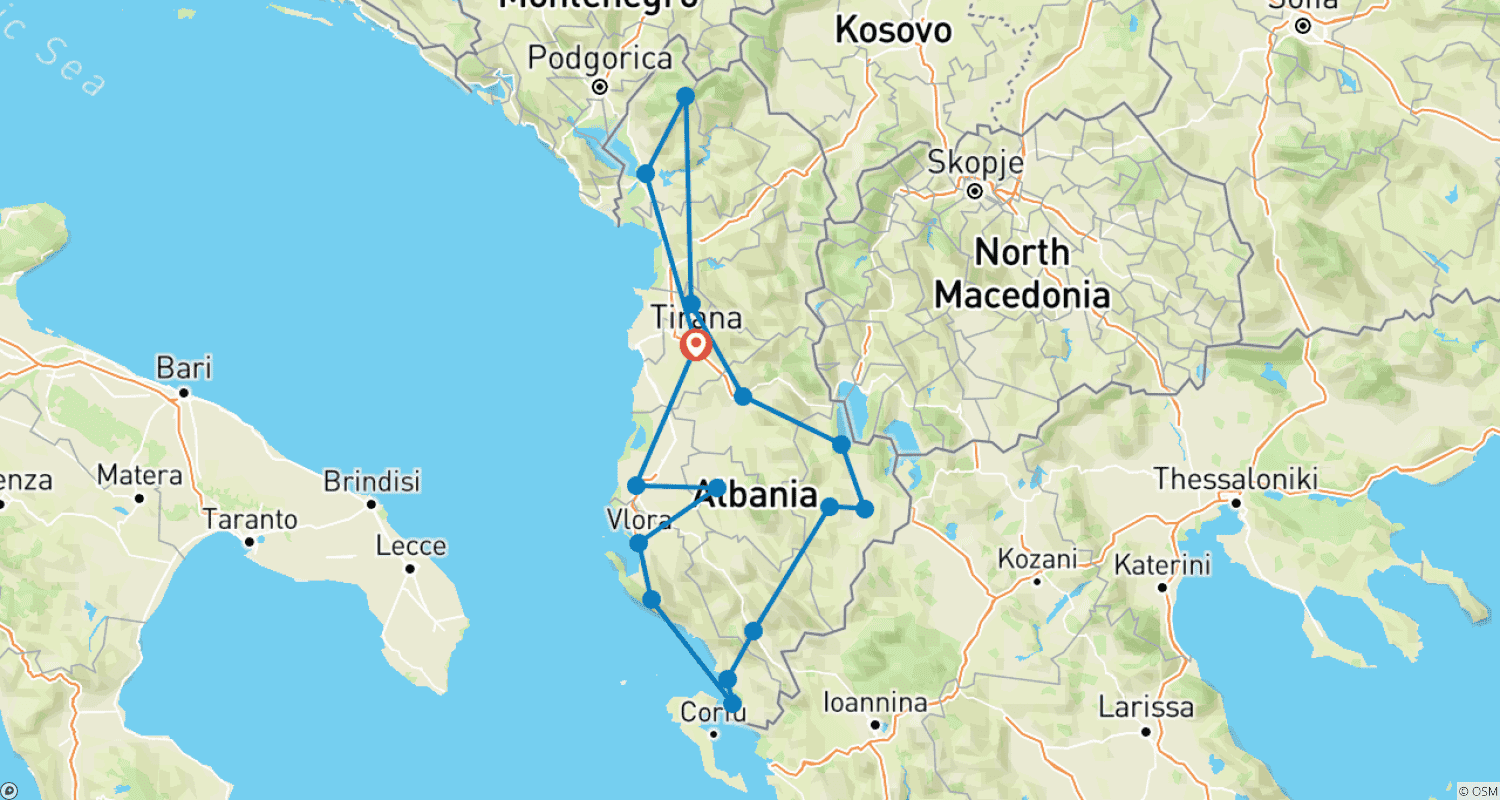 Mapa trasy: Wielka 12-dniowa wyprawa po Albanii: Północne wędrówki, kultura i cuda Południa