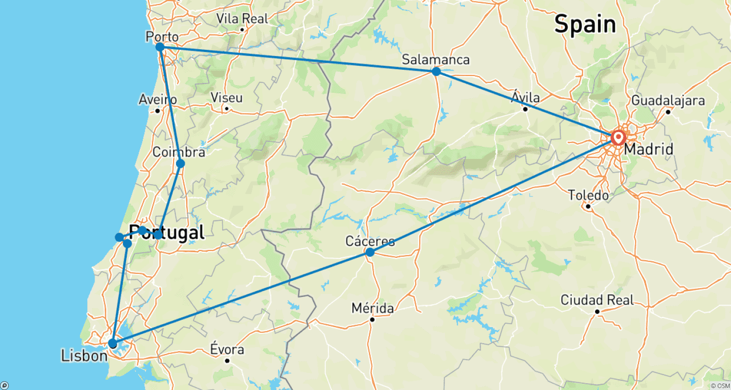 Mapa do percurso de O Melhor de Lisboa, Porto e Fátima - 6 Dias (a partir de Madrid)
