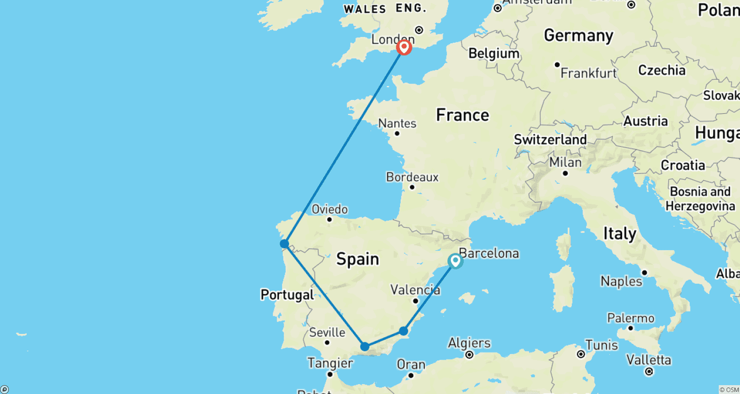 خريطة مسار Iberian Explorer Barcelona to London (Tilbury)