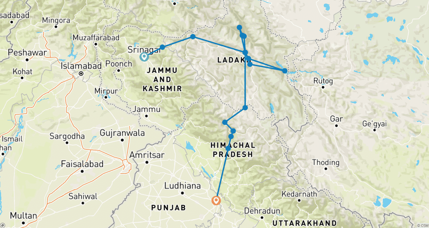 خريطة مسار Srinagar Ladakh Manali Tour Package