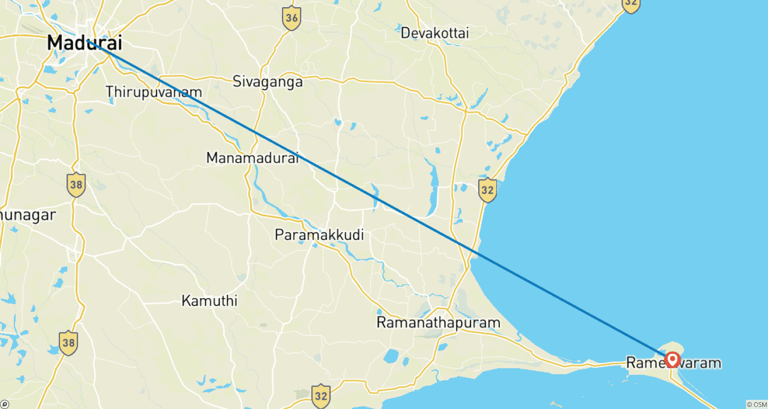 Mapa do percurso de Pacote de Viagem Madurai Rameswaram