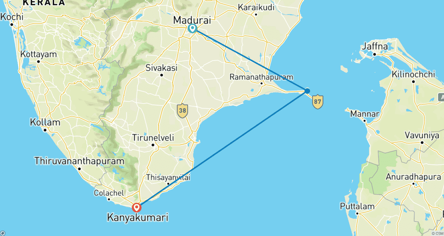 Mapa trasy: Wycieczka Madurai Rameswaram Kanyakumari