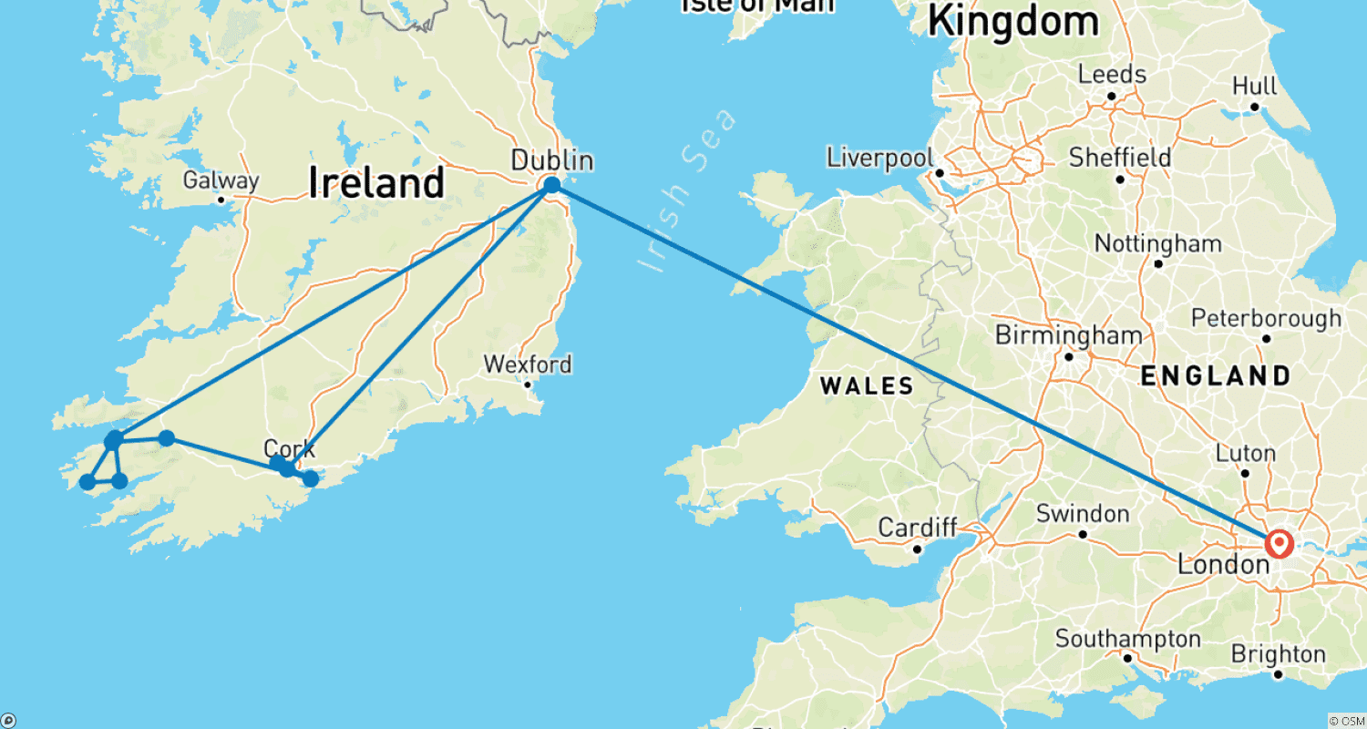 Mapa do percurso de Londres - Dublin, Castelo de Blarney e Anel de Kerry