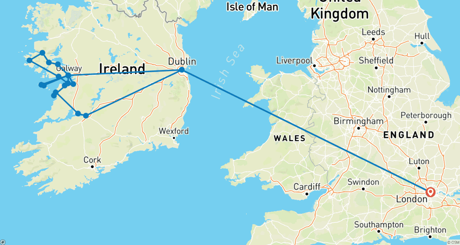 Mapa do percurso de Londres - Dublin e o Melhor do Oeste