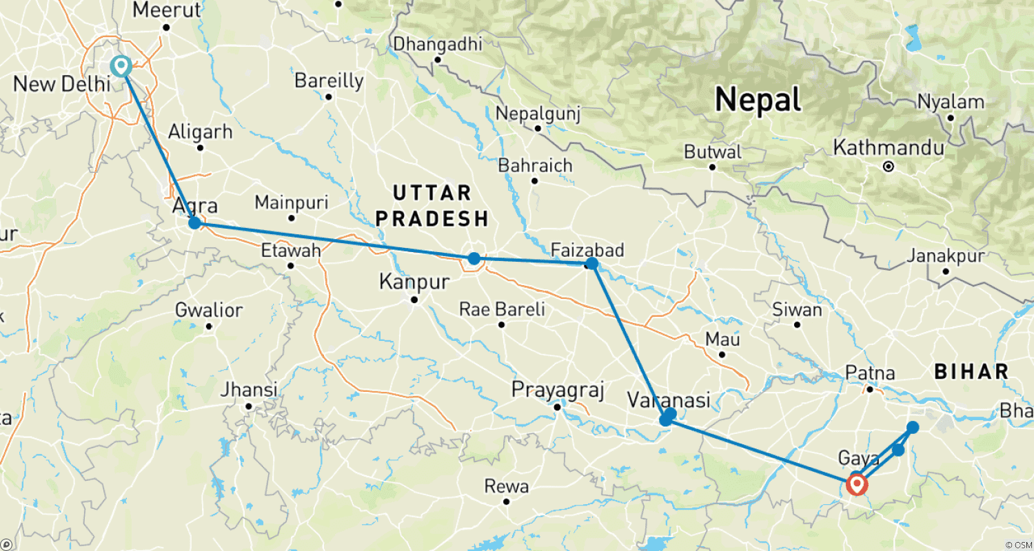 خريطة مسار The Spiritual Journey of India with Ayodhya Varanasi and Bodhgaya