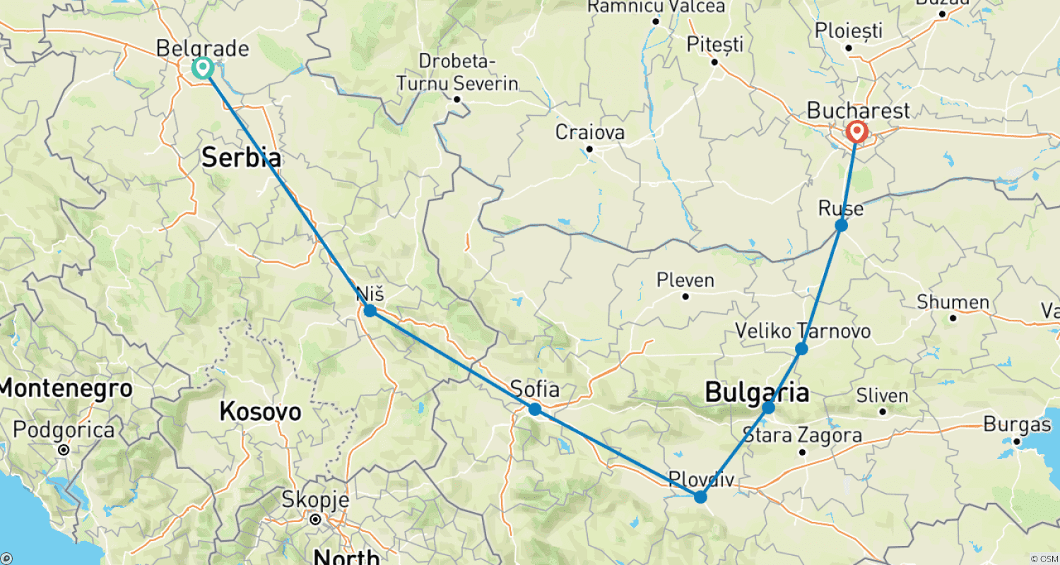 Mapa trasy: Belgrad do Bukaresztu; Półprywatna wycieczka z dedykowanym liderem wycieczki i samochodem