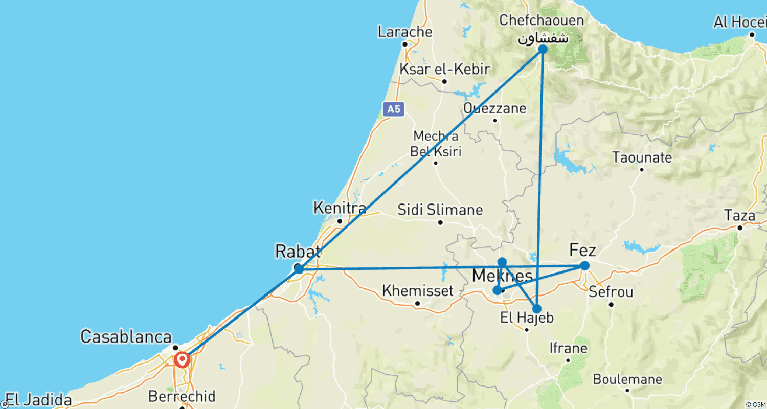 Mapa do percurso de Tour de Luxo pelo Norte de Marrocos