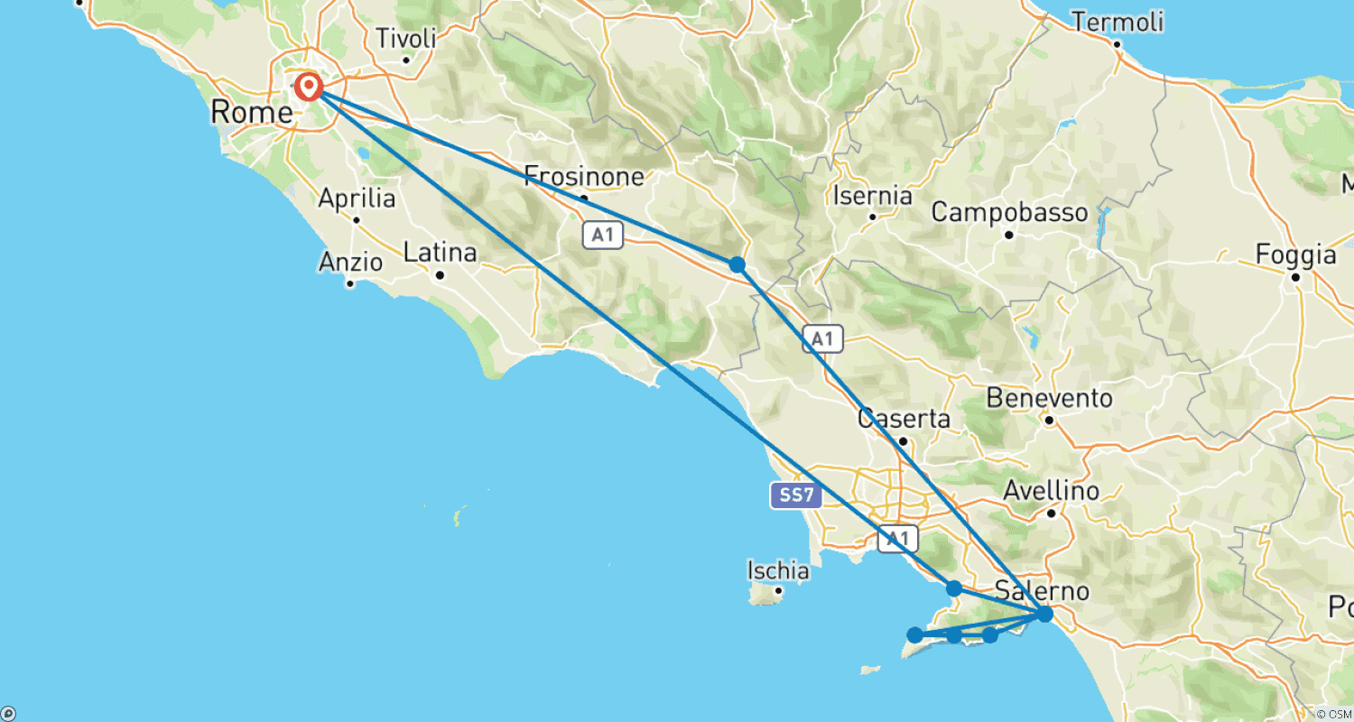 خريطة مسار 3 Day Summits & Shores: Vesuvius, Pompeii & Amalfi Small-Group Tour from Rome