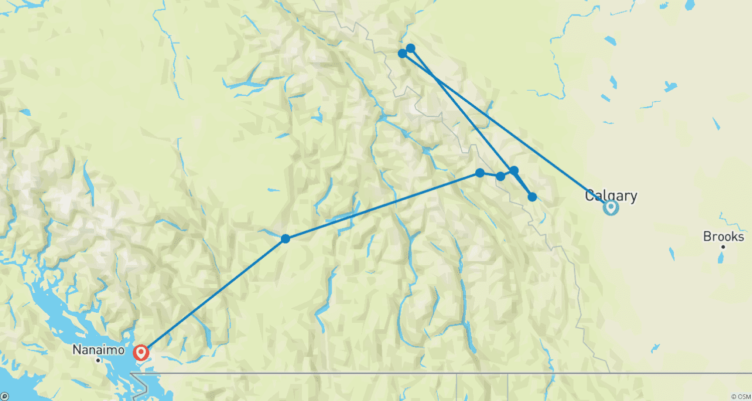 Mapa trasy: 6-dniowy wypoczynek w Górach Skalistych z Calgary z pociągiem Rocky Mountaineer Deluxe — limitowana darmowa przepustka na przygodę w Columbia Icefield