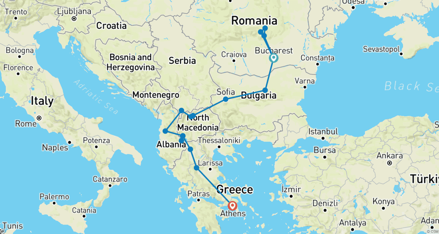 Mapa trasy: Balkan Heritage From Dracula's Castle to Ancient Athens - Small Group Tour