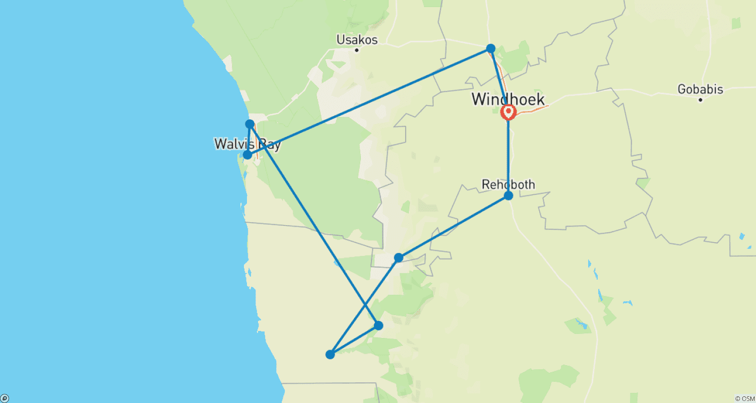 Mapa do percurso de Safari de Aventura em Lodge de 4 Dias em Swakopmund e Sossusvlei * PARTIDAS ÀS QUINTAS-FEIRAS