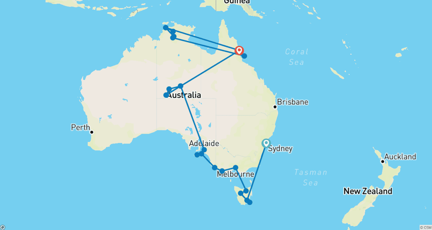 خريطة مسار عبر أستراليا مع Tasmania