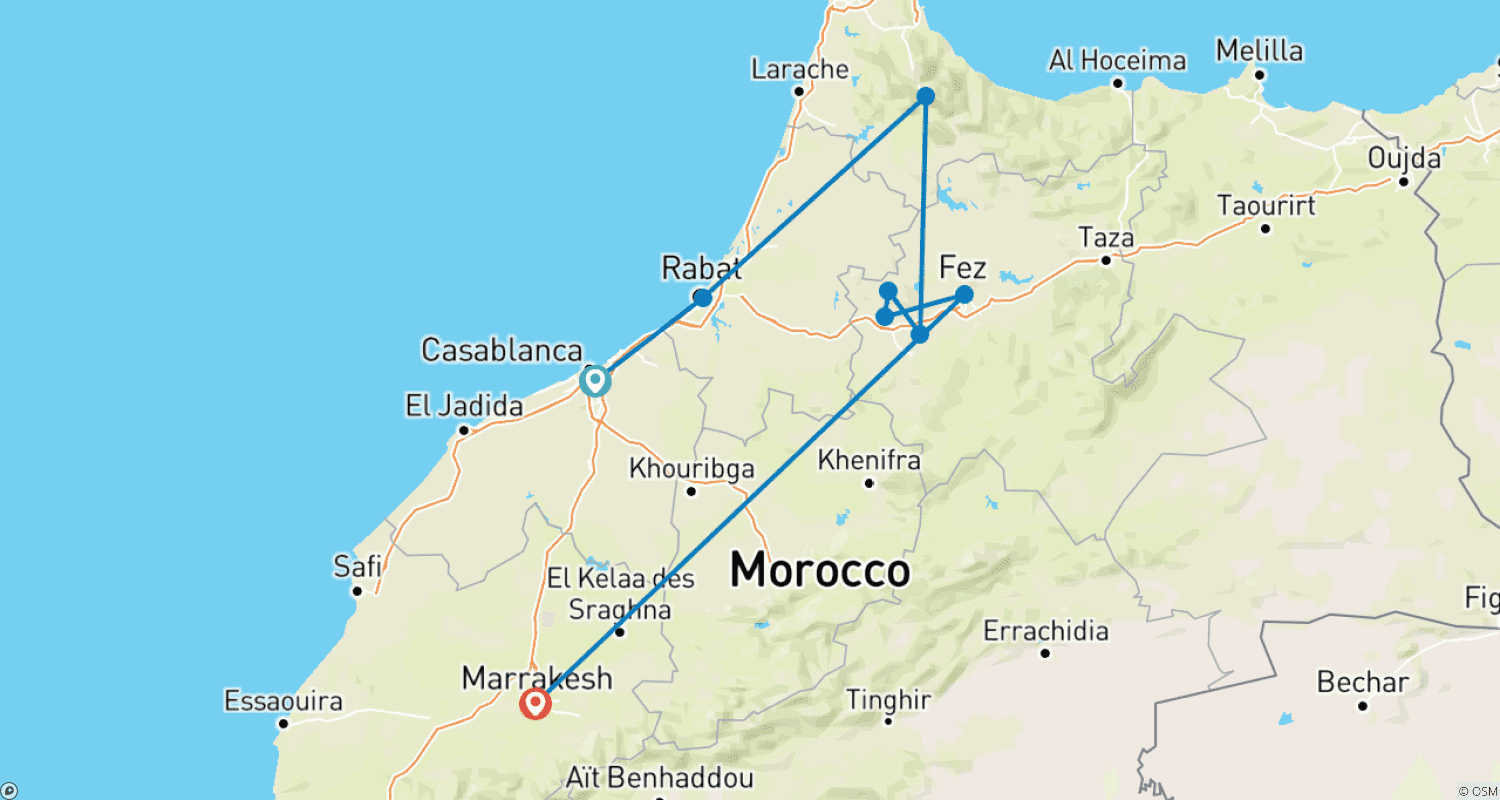 Mapa do percurso de Escapada de Luxo em Marrocos: Rabat, Chefchaouen, Fez e Marraquexe