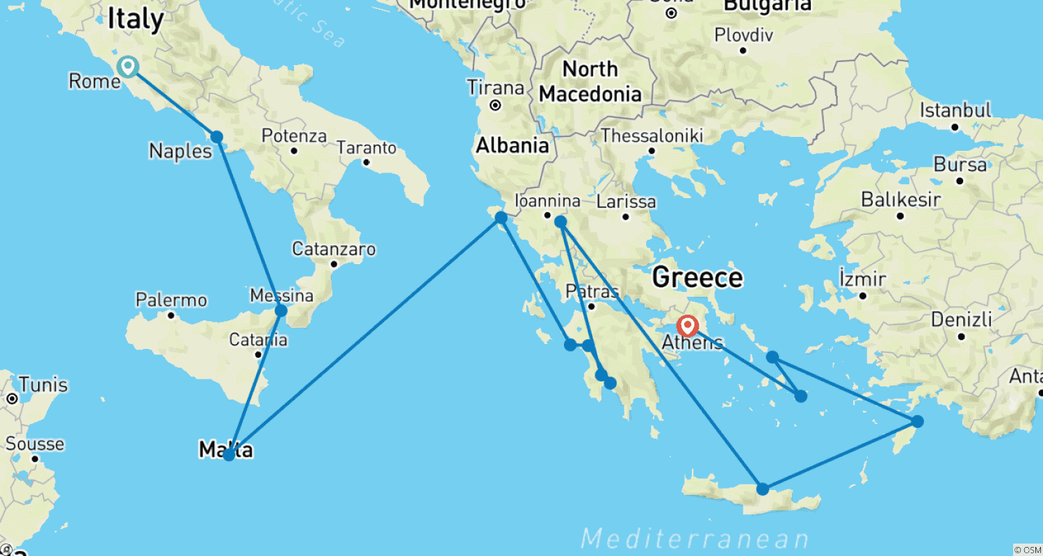 Mapa trasy: Miasta Starożytności Rzym (Civitavecchia) do Aten (Pireus)