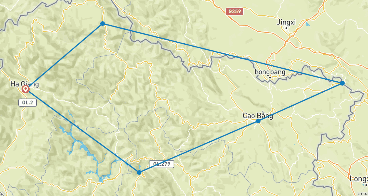Mapa trasy: Kolosalna wycieczka motocyklowa po pętli Ha Giang do wodospadu Ban Gioc, Cao Bang, jeziora Ba Be