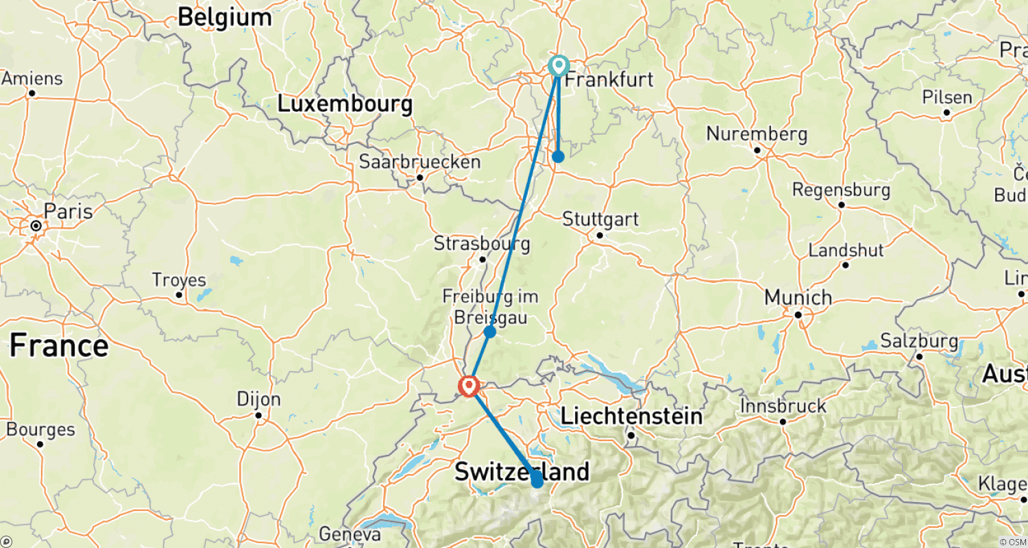 Mapa trasy: Frankfurt, Freiburg i Bazylea w Tydzień