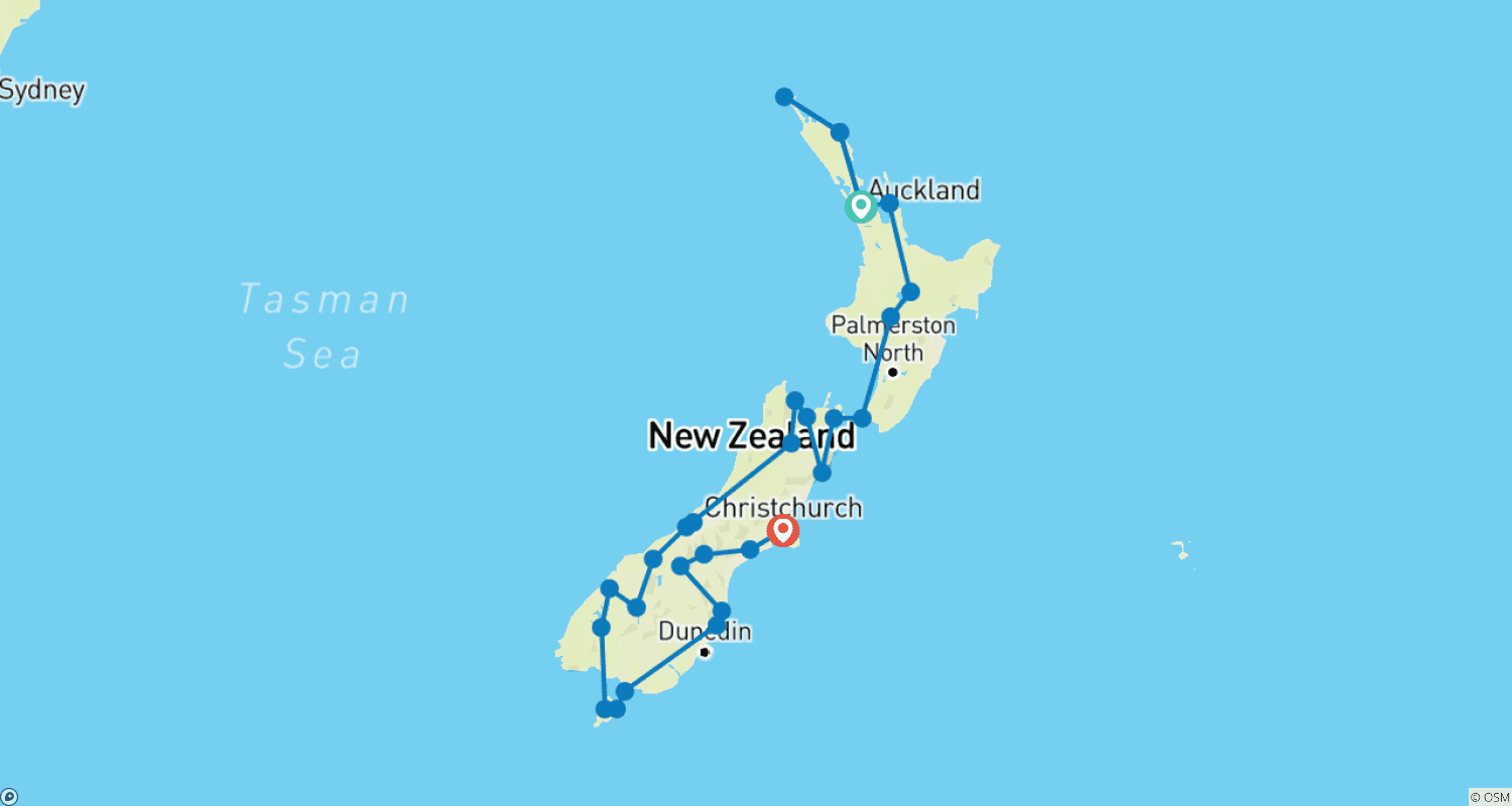 Mapa trasy: Cuda natury Nowej Zelandii - z Auckland do Christchurch