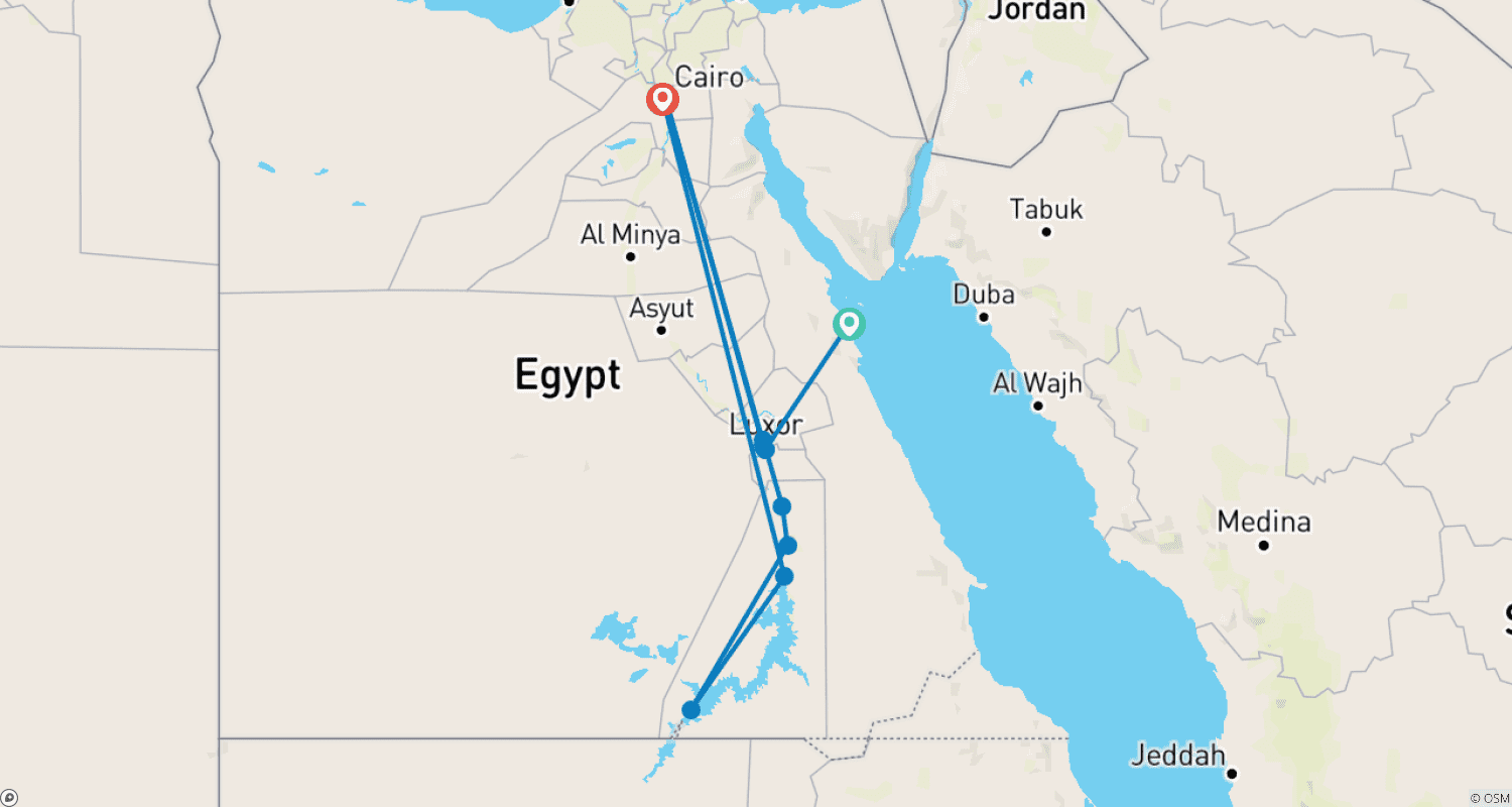 壮大な5日間ナイル川クルーズ:ハルガダ発、熱気球とアブシンベル観光付きルクソールからアスワンへのルートマップ