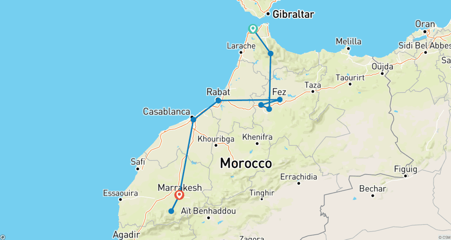 Mapa do percurso de Marrocos do Norte ao Sul: Cidades e Caminhada no Atlas
