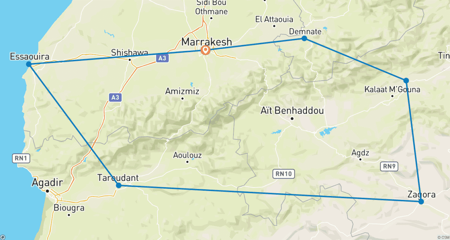 Mapa do percurso de Marraquexe, Montanhas do Atlas e Essaouira