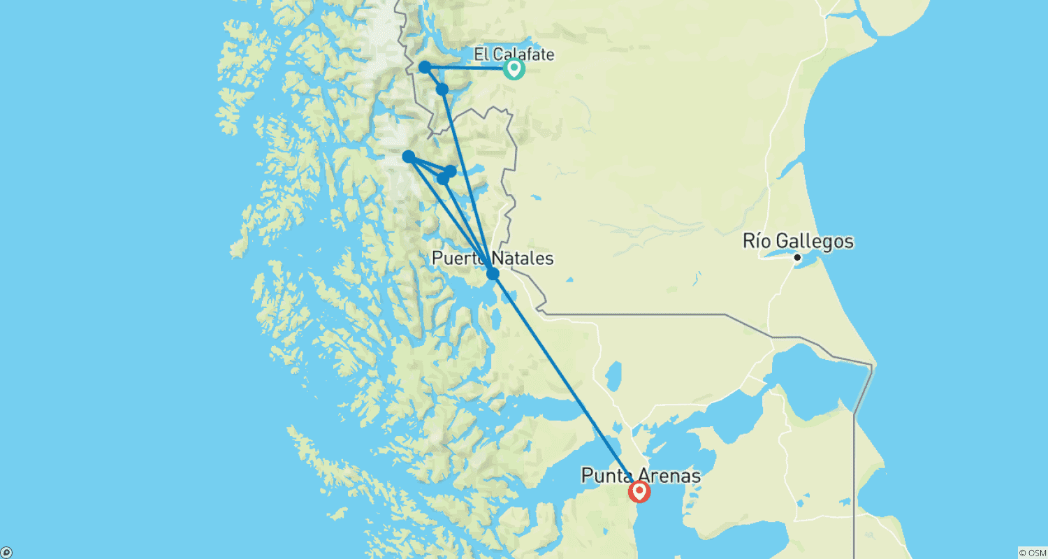 Mapa do percurso de Geleira Perito Moreno e W-Trek Torres del Paine (9 Dias)