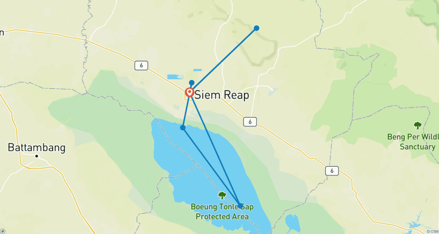 Mapa do percurso de Siem Reap, Camboja (Angkor Wat, Tonle Sap e Parque Nacional de Kulen) - 5 Dias/4 Noites
